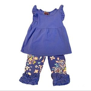 Royal blue flutter tee with ruffle hemmed floral pants 3T